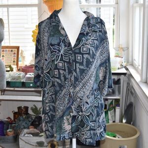 Vintage Hilo Hattie Hawaiian Rayon Shirt Blue Tropical Camp Blouse Plus Size 2X